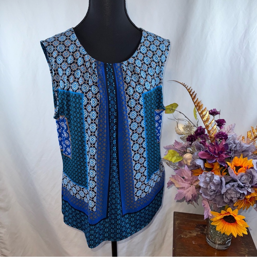Calvin Klein XL Sleeveless Blue Geo Patchwork Tunic Blouse Top